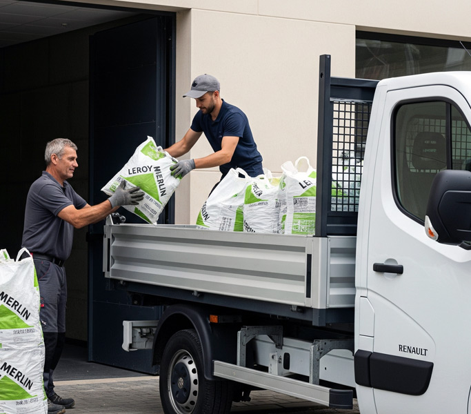 Evacuation de sacs à gravats avec camion-benne